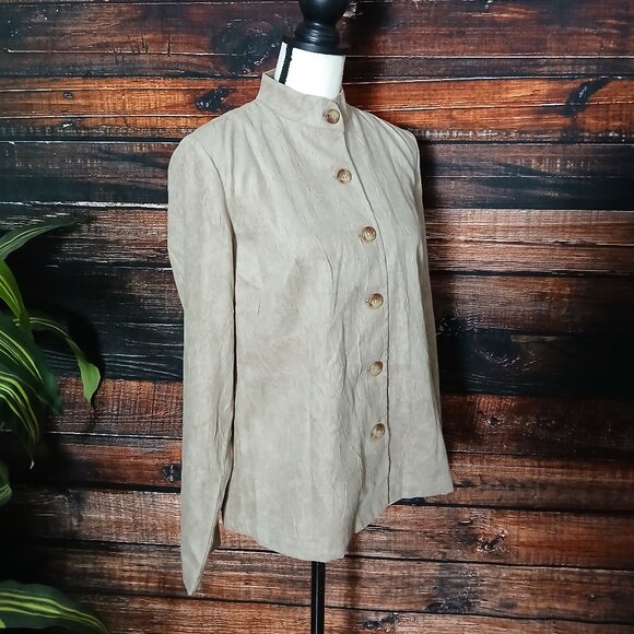 Orvis Jacket Blouse Top Size 6 Textured Crepe Beige Button Front Faux Suede - Picture 4 of 11